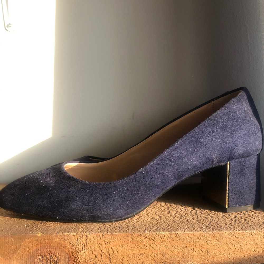 Navy Suede Block Heel Pumps in US 7